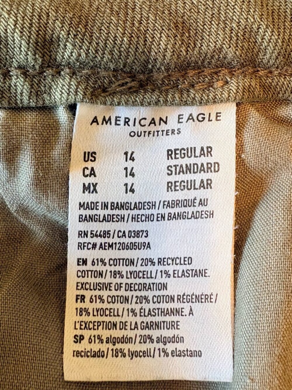 American Eagle Low-Rise Baggy Wide-Leg Jeans Size 14 Olive Green Stretch Y2K - Picture 7 of 10